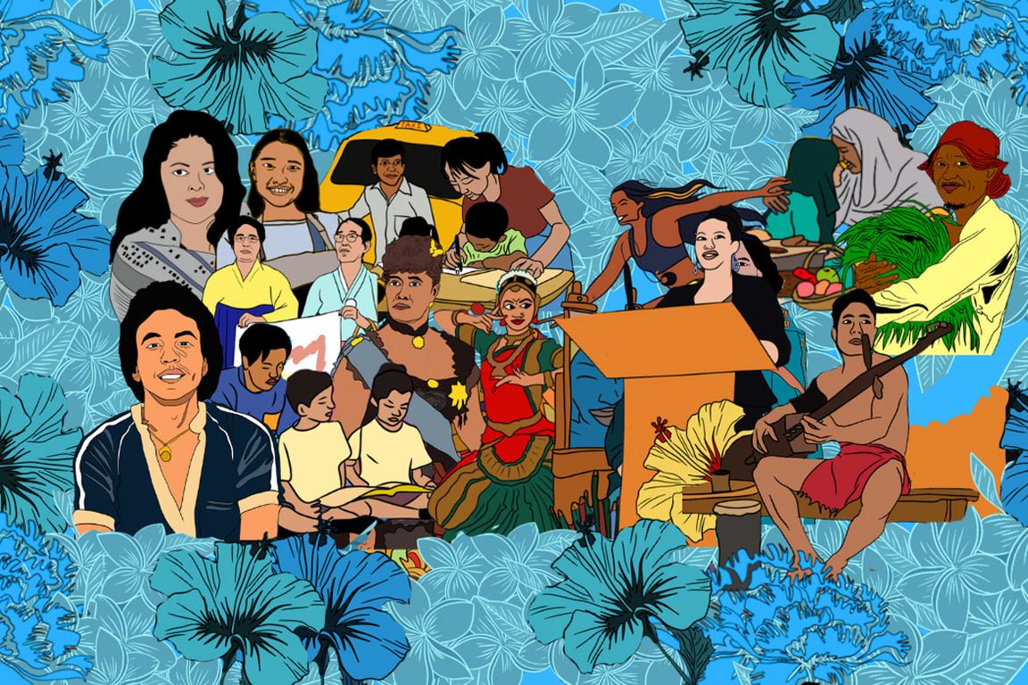 A colorful illustrated artwork celebrating Asian American and Pacific Islander (AAPI) heritage, set against a blue floral background featuring hibiscus and plumeria blossoms. The scene depicts a diverse group of people.