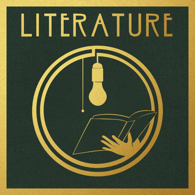A green logo for Grossmont College's Literature Program with text in gold leaf and a silhouette of a hand holding an open book under a light bulb