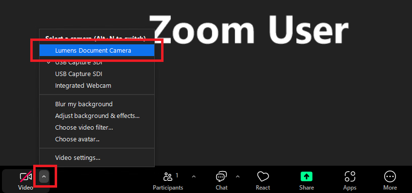 Zoom 相机 options Screenshot of Zoom 相机 options showing Doucment 相机 Option