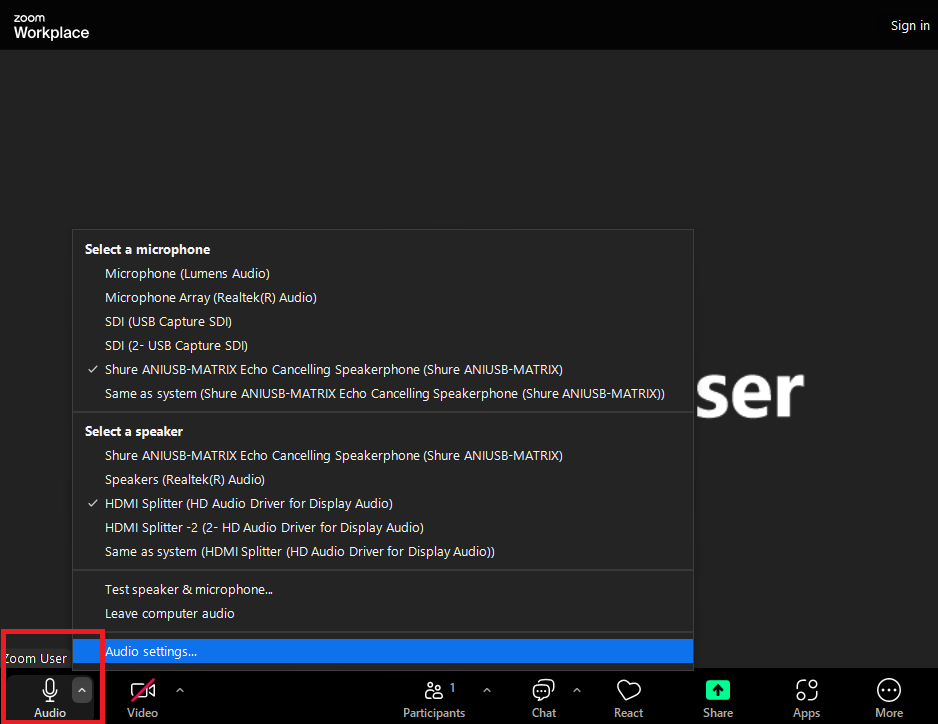 Zoom 音频 options Screenshot showing Zoom's 音频 options menu