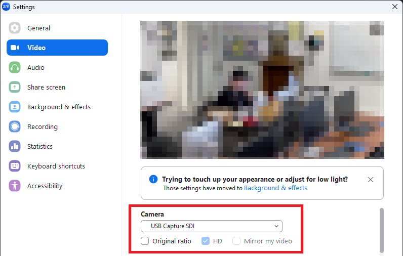 Zoom 先进的 视频 options Screenshot showing Zoom's 先进的 视频 options